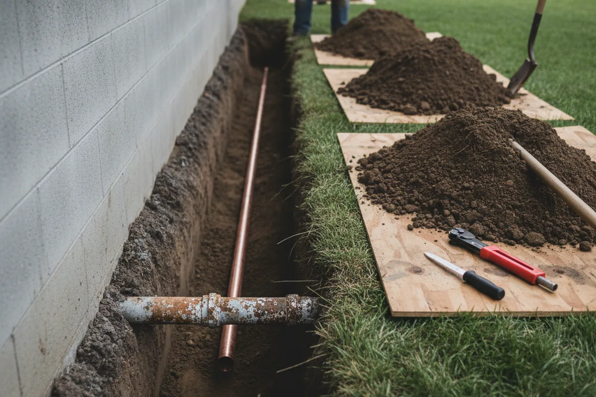 Excavated water line trench during Sewer Line Repair in Linden